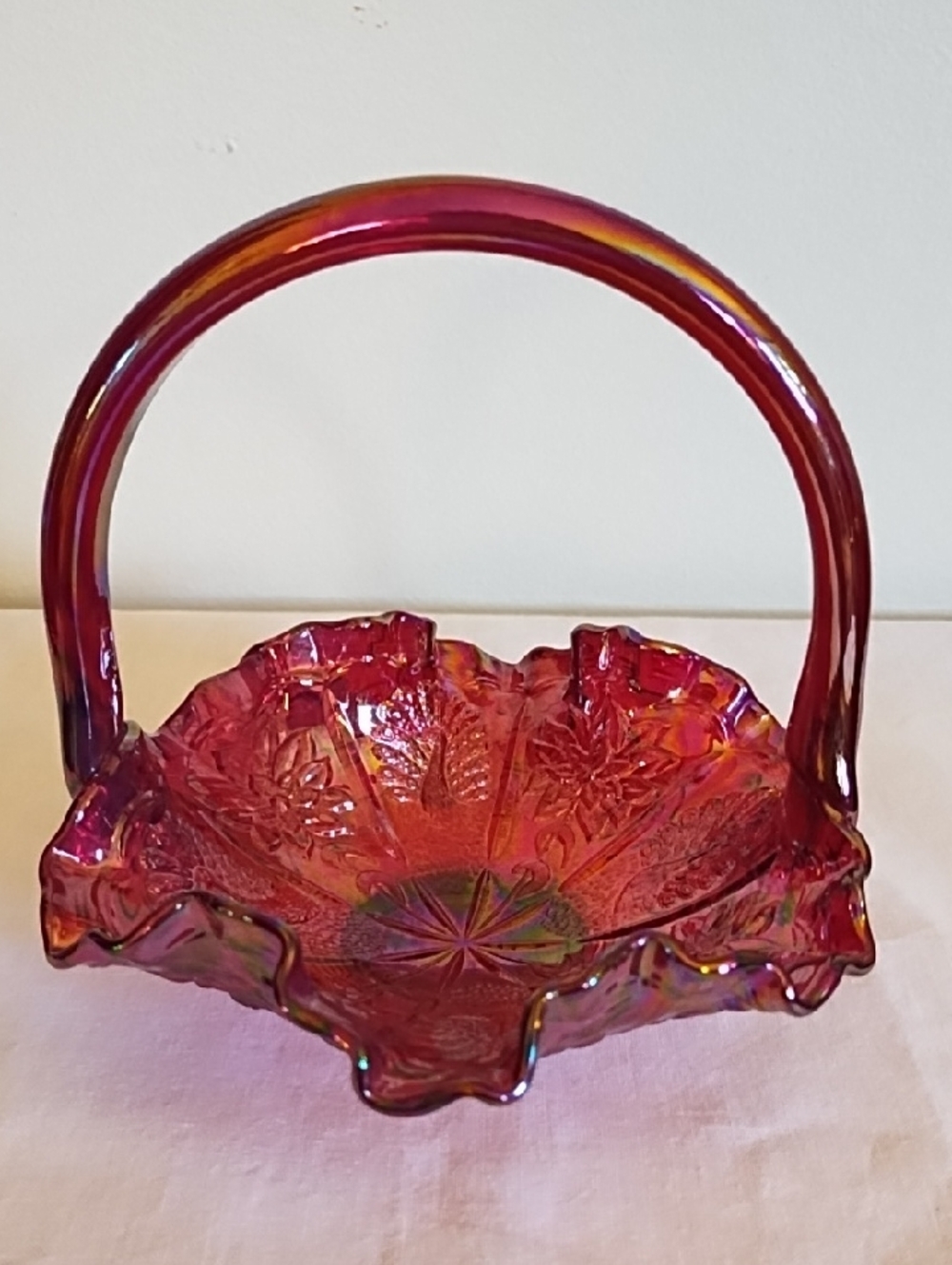 FENTON VINTAGE RUBY RED GLASS BASKET, PEACOCK AND DAHLIA PATTERN, RUFFLED EDGE